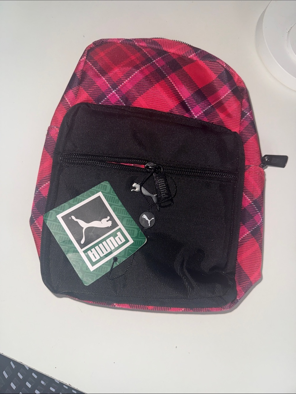 Puma Black Front-Pocket Backpack with Red Plaid Panels